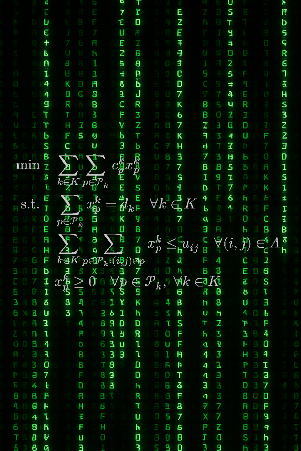 Multi-commodity flow LP formulation over a Matrix-style code rain